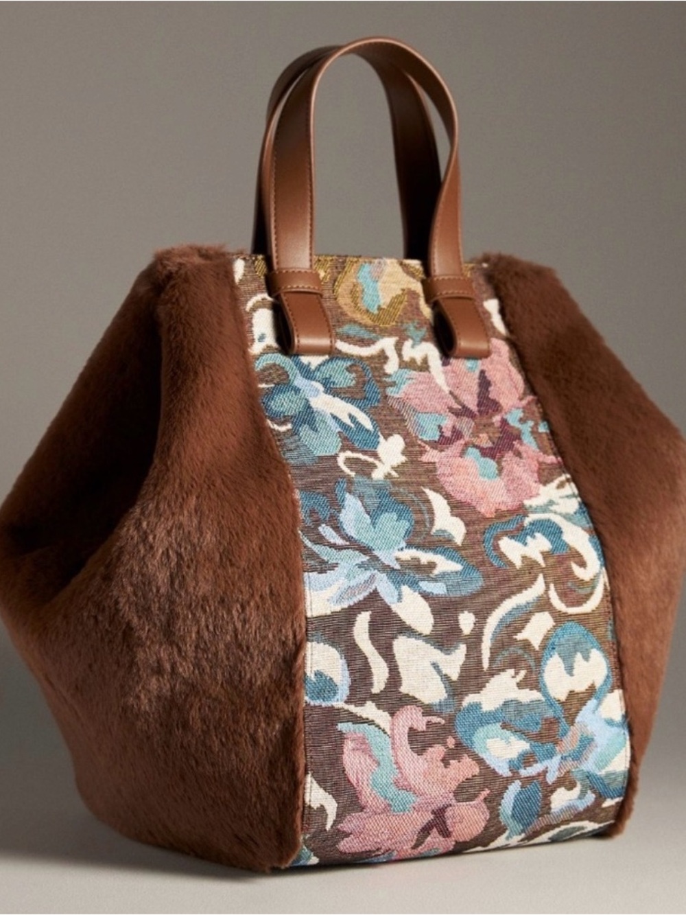 Anthropologie Floral Faux-Fur Tote in Brown & Blue NWT